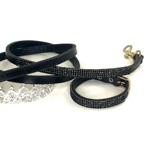 4-Row Black Crystal & Leather Collar & Leash, 8”-10”