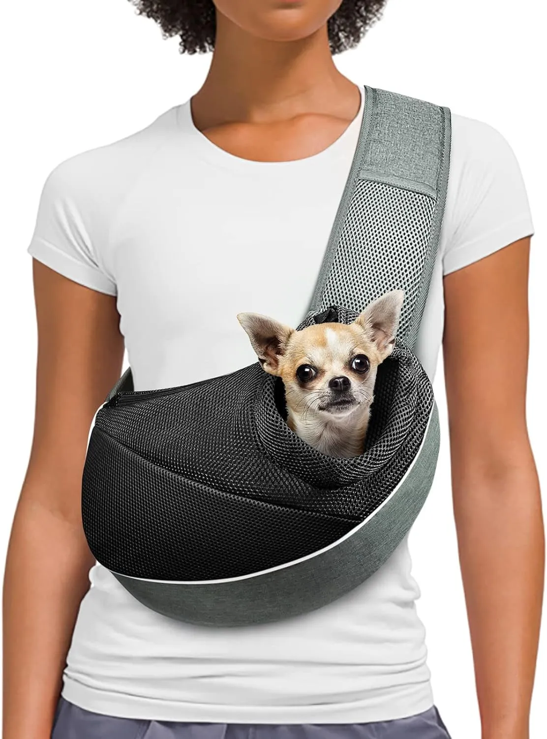 Adjustable Dog and Cat Sling Carrier with Padded Shoulder Strap, Large Zipper Pocket, and Mesh Pocket for Outdoor Travel