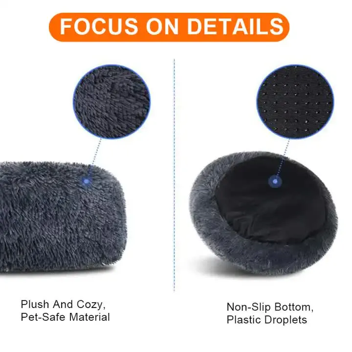 Calming Donut Pet Bed -Soft Faux Fur, Anti-Anxiety Fluffy Round Bed for Cats and Small Dogs (blue)50cm