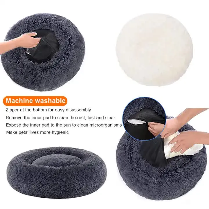 Calming Donut Pet Bed -Soft Faux Fur, Anti-Anxiety Fluffy Round Bed for Cats and Small Dogs (Coffee)50cm