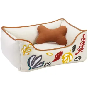 Cover-removable and Washable Embroidered Leaves Linen Dog Bed