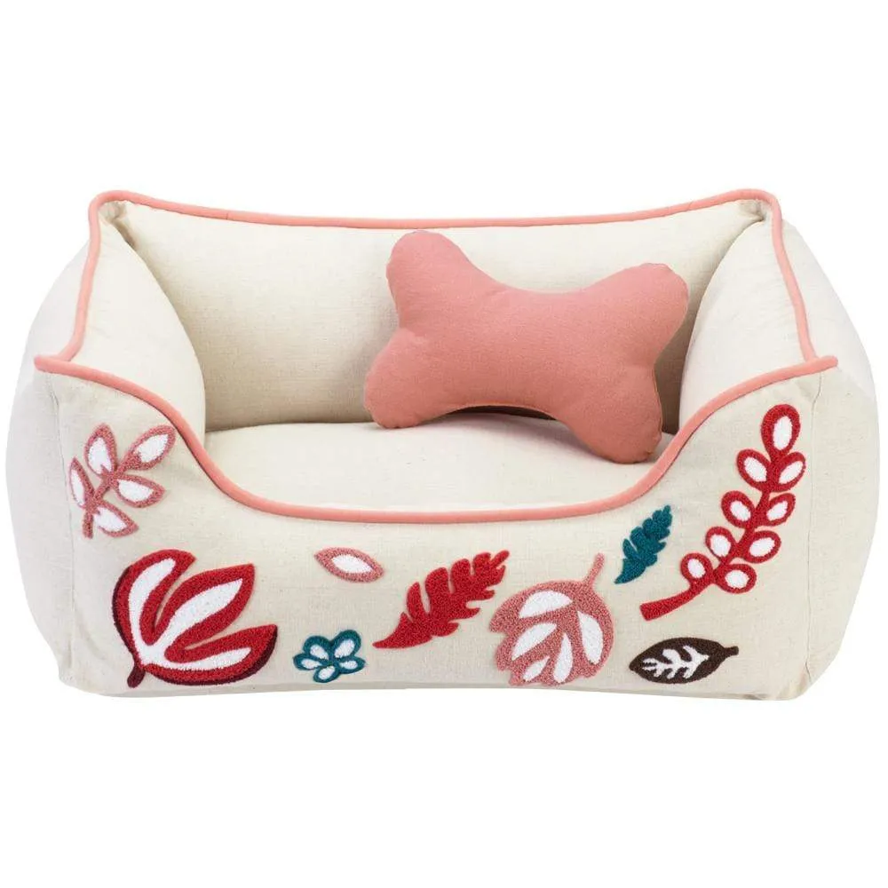 Cover-removable and Washable Embroidered Leaves Linen Dog Bed