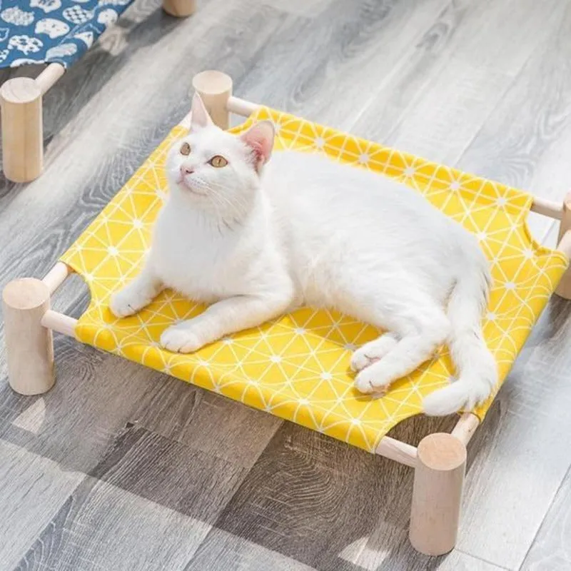 Daisy Elevated Cat Bed Hammock Natural Wood Linen Canvas Lounger