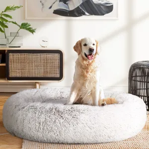 Extra Large Non-slip Plush Pet Bed, 110cm, White/Brown - i.Pet