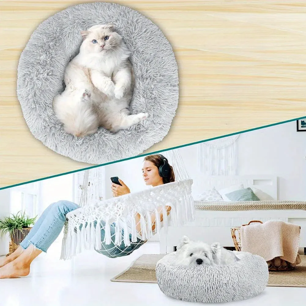 Large-60cm pink PawfectFriend Dog Pet Cat Calming Bed Plush Beds Large Fluffy Donut Comfy Cushion Puppy Mat