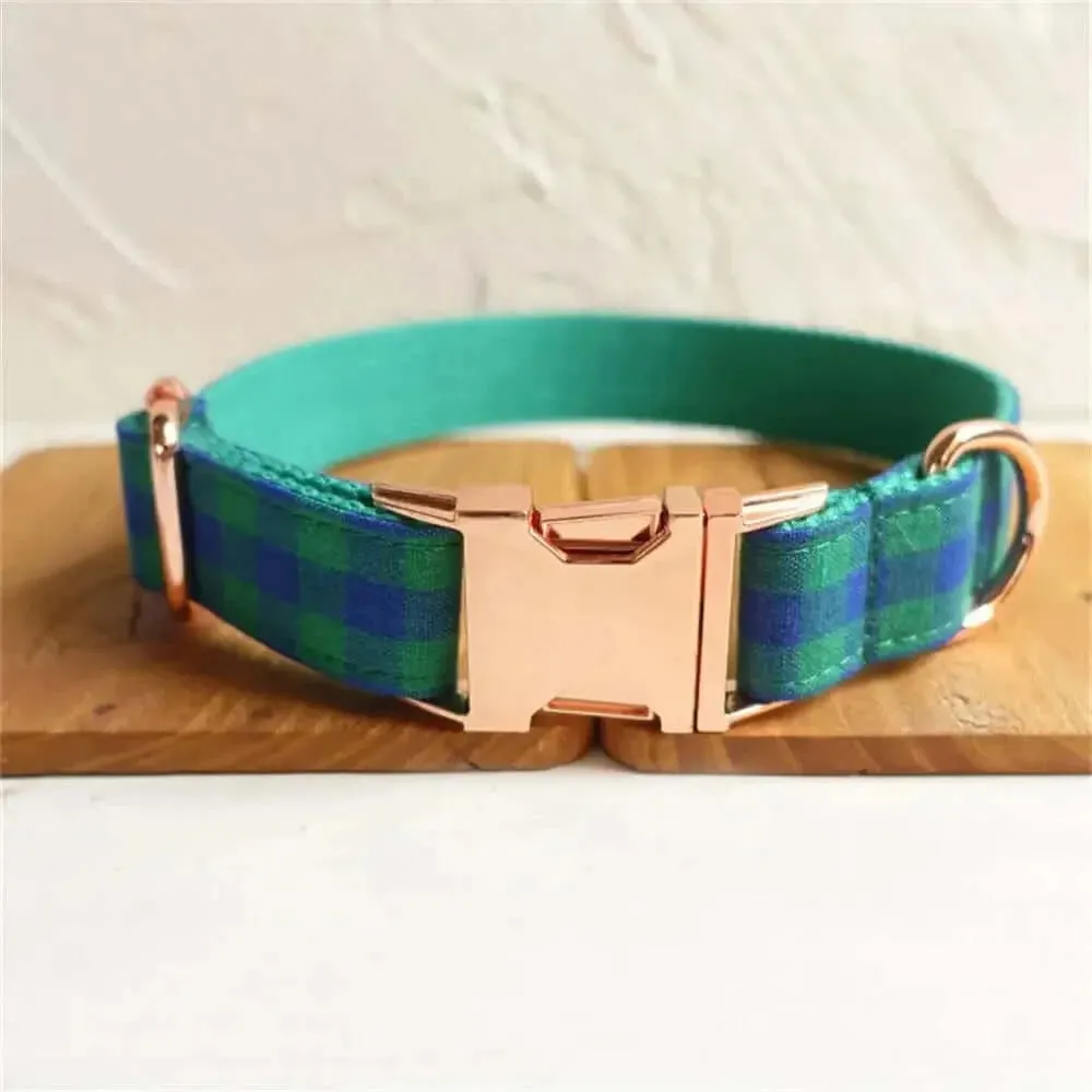 Personalized ID Tag Blue & Green Plaid Pet Collar & Leash