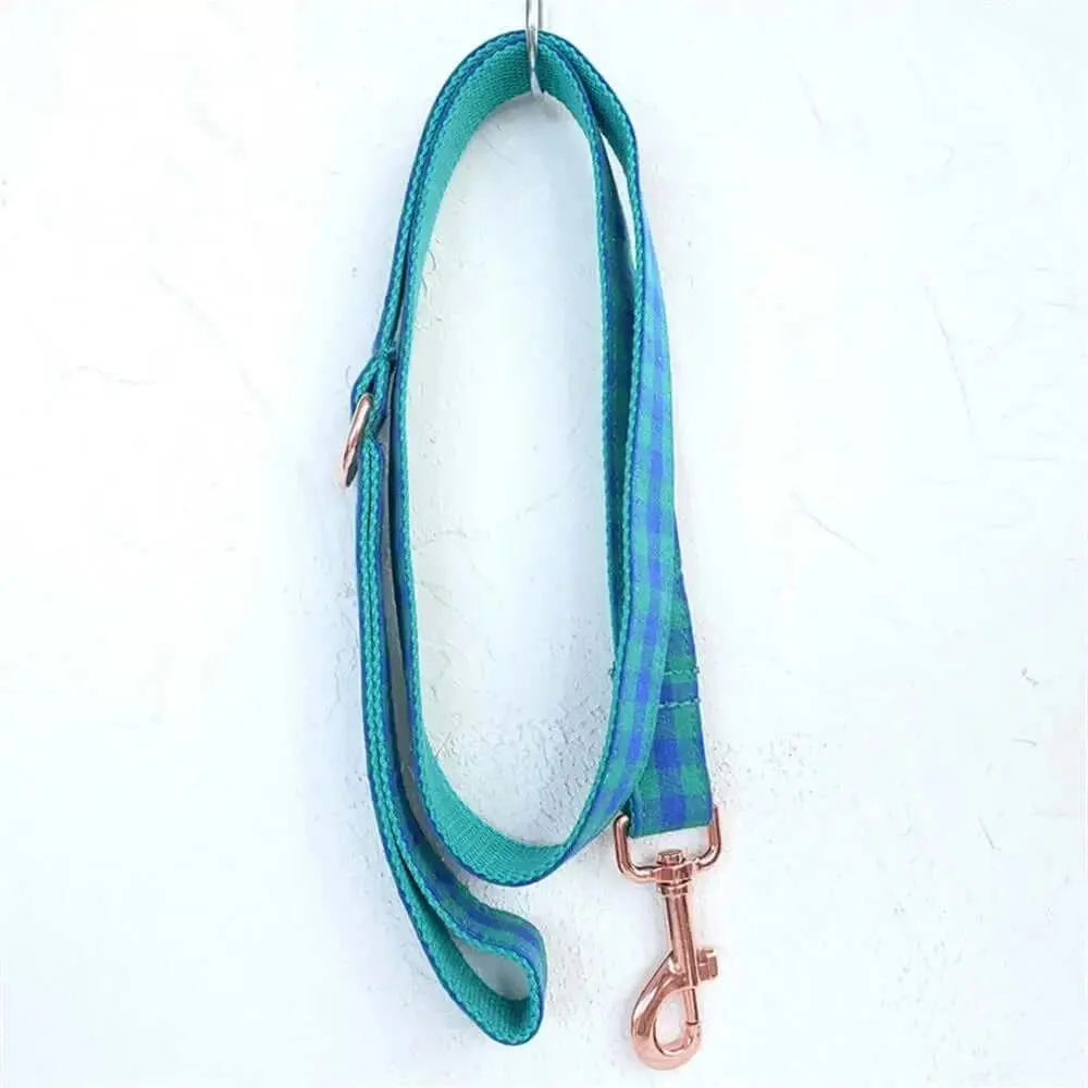 Personalized ID Tag Blue & Green Plaid Pet Collar & Leash