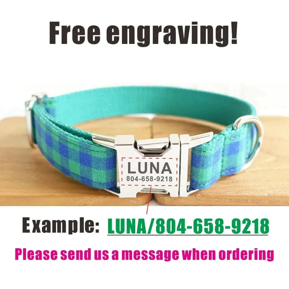 Personalized ID Tag Blue & Green Plaid Pet Collar & Leash