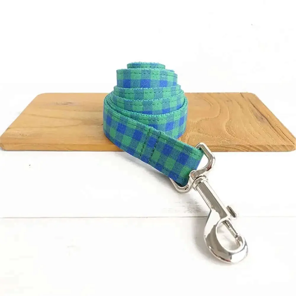 Personalized ID Tag Blue & Green Plaid Pet Collar & Leash